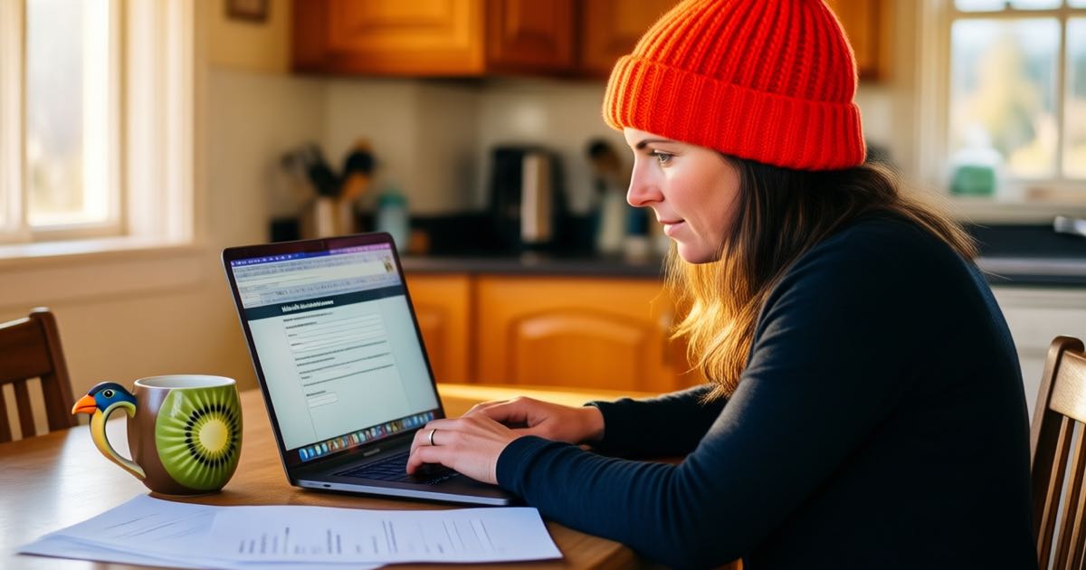 A woman at a New Zealand kitchen table typing a job application on a laptop, paper CVs spread around, warm morning light, documentary style