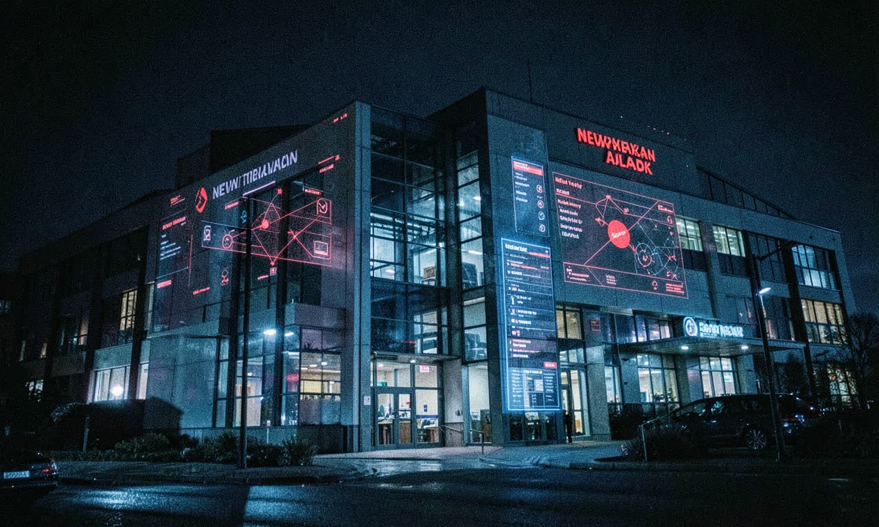 A New Zealand government building with digital security overlay and red alert indicators, dramatic documentary lighting