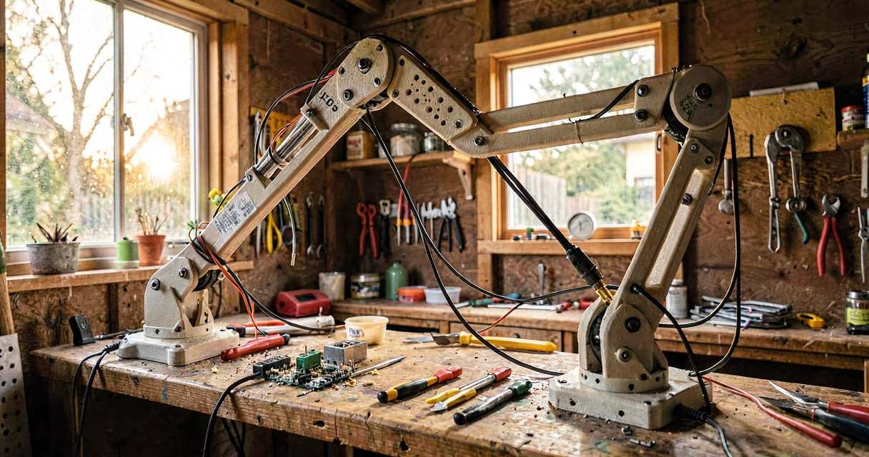 A robotic arm built from 3D printed parts and electronics on a workbench in a rustic New Zealand shed, number 8 wire and tools visible, warm afternoon light