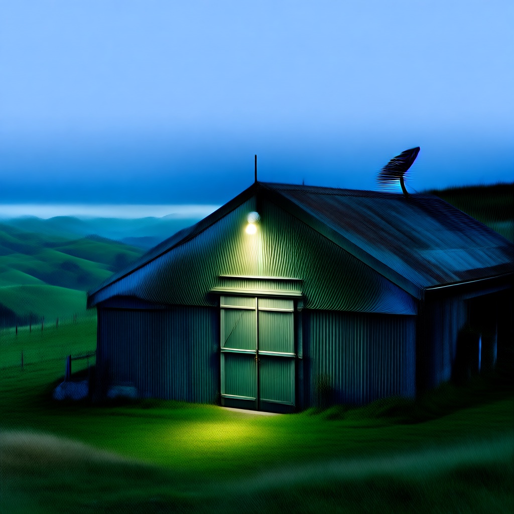 A weathered hilltop woolshed on a New Zealand coastal farm at dawn, floodlights glowing, a lone satellite dish pointed at the sky, sheep grazing in foreground, mist rolling in from the sea
