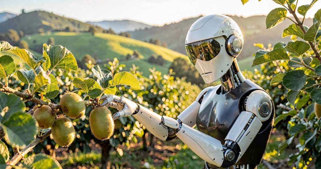 A humanoid robot with soft gripper hands picking kiwifruit in a sunlit New Zealand orchard