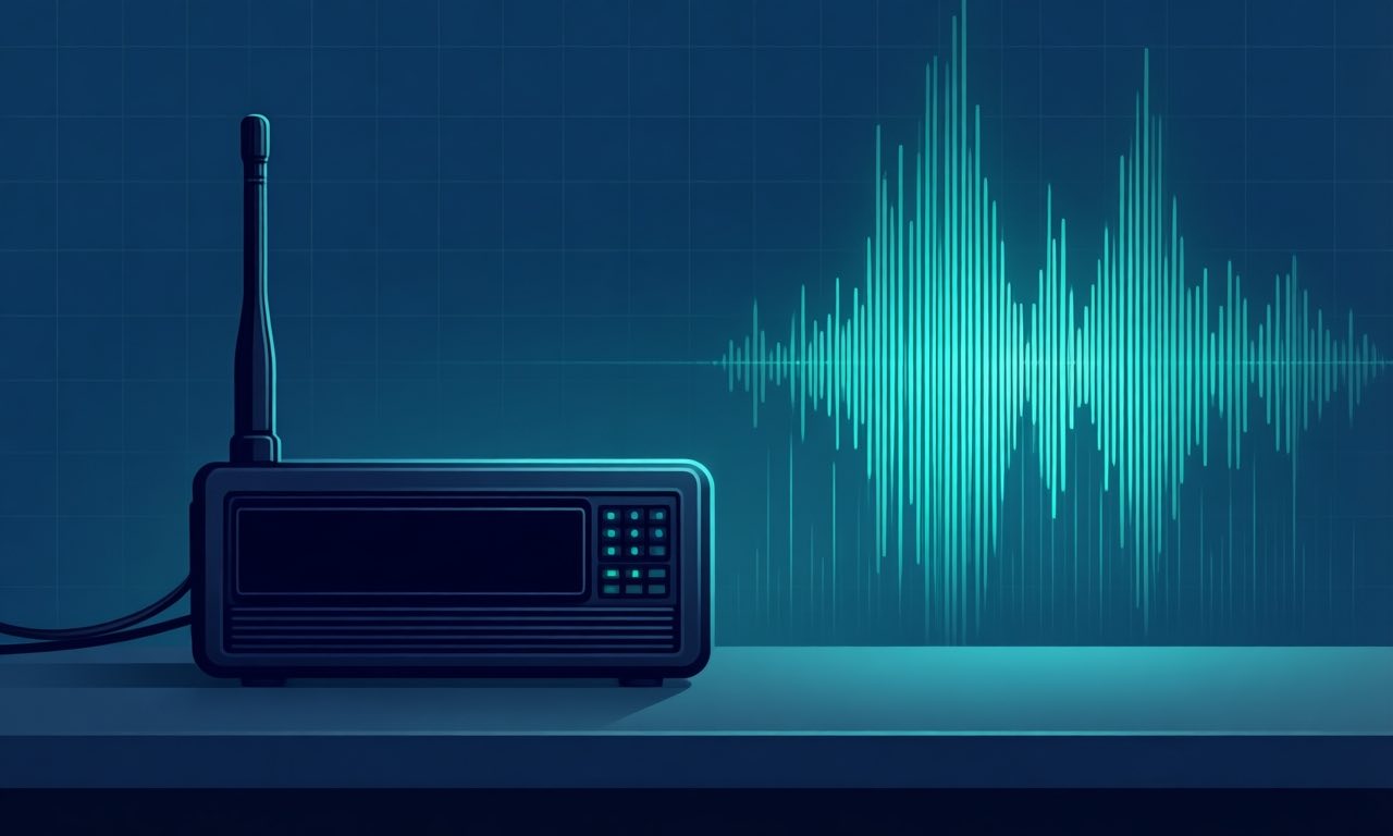 Minimalist editorial illustration of a dark police communications radio console beside a glowing waveform, symbolising AI transcription meeting law enforcement