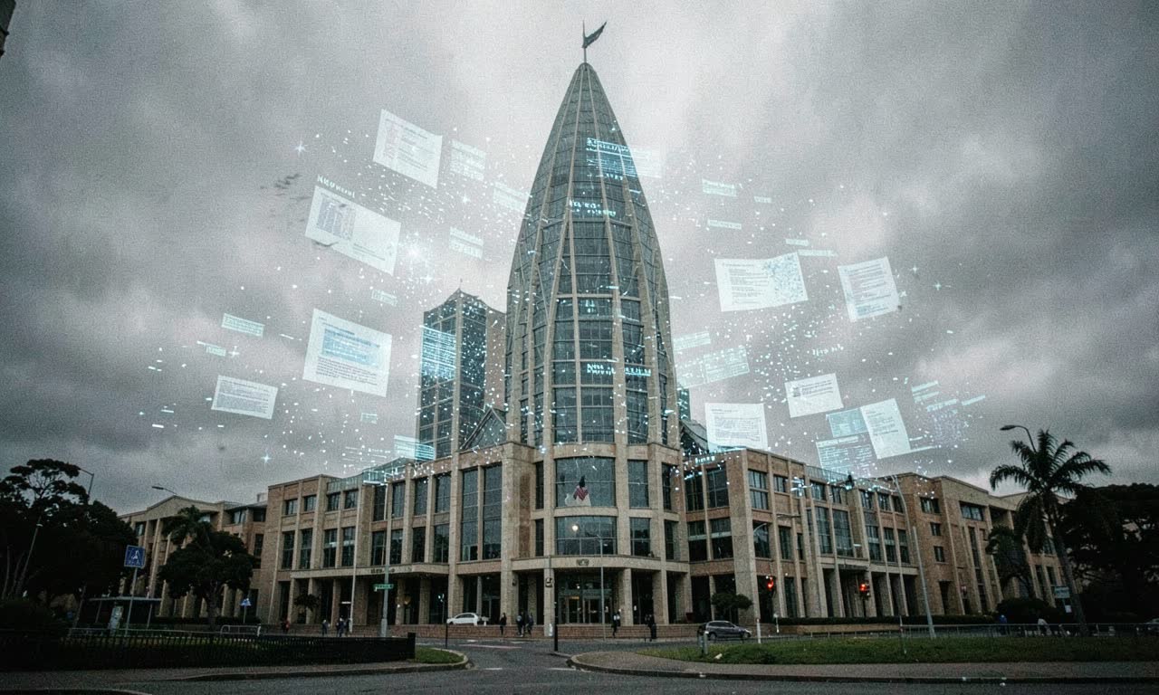 Beehive parliament building in Wellington with a translucent digital overlay showing policy documents, overcast moody light, documentary photojournalistic style
