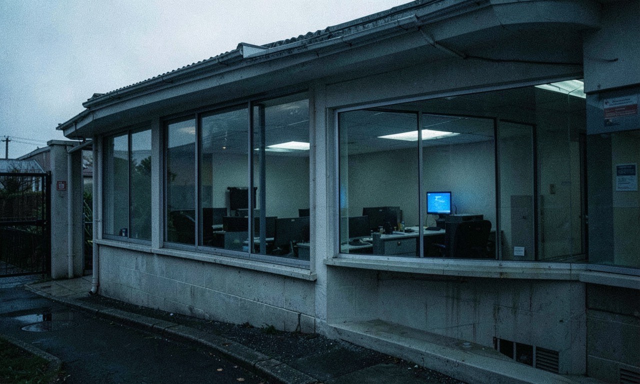 A government office building with empty desks and a single glowing computer screen, overcast Wellington sky, documentary photojournalism