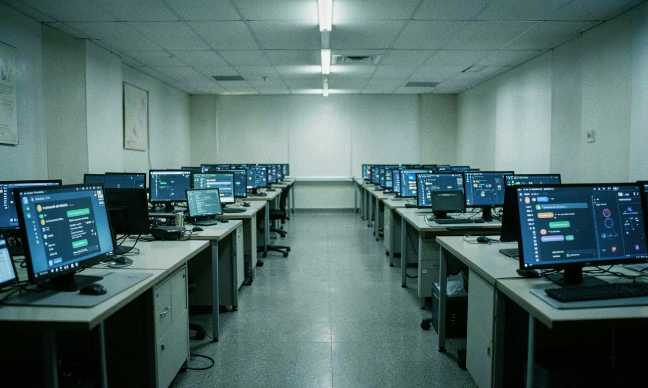 Empty government office desks with computer screens showing AI chatbot interfaces, cold fluorescent lighting, documentary style