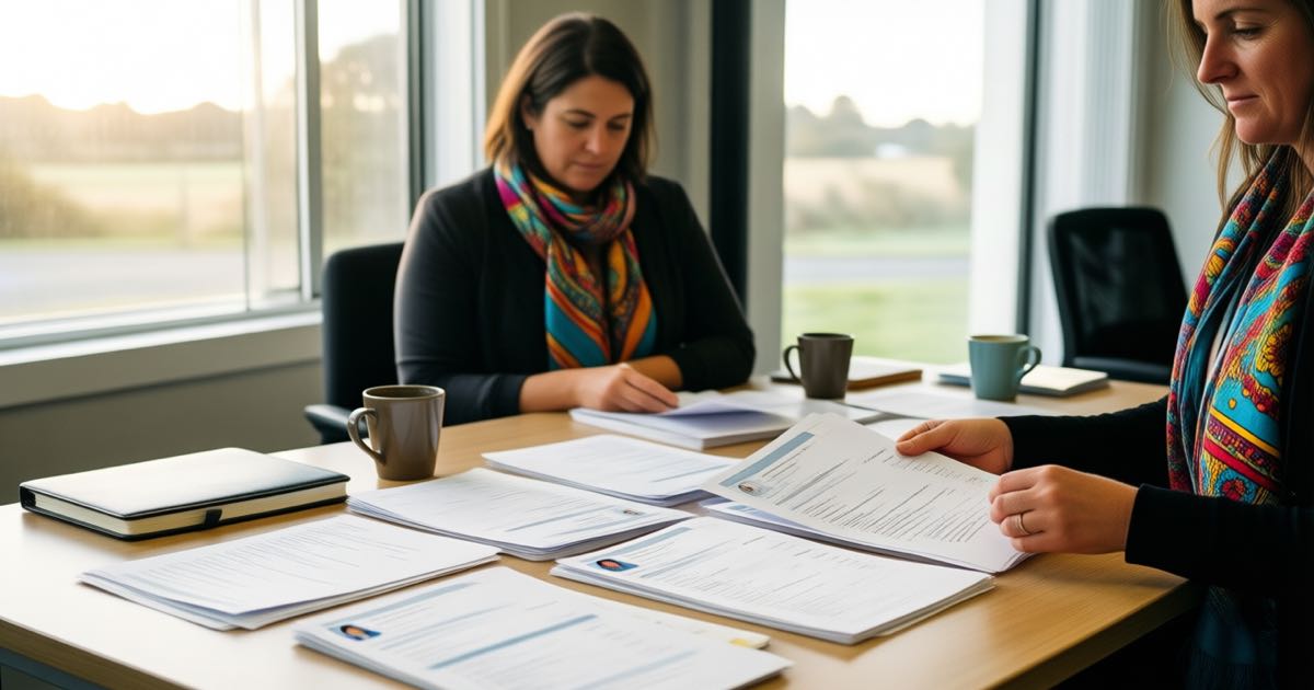 Two recruiters reviewing job listings on a large monitor in a bright modern office, one wearing a colourful patterned scarf, coffee mugs on the desk, natural window light, documentary style