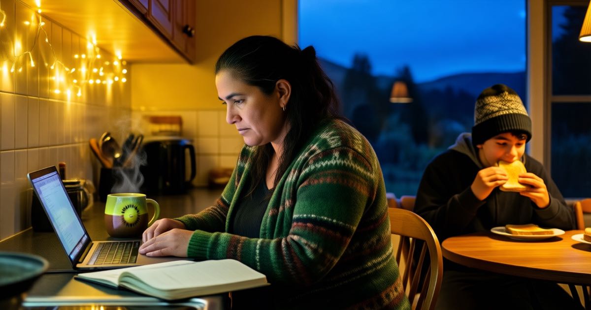 A woman in her thirties of Maori descent in a patterned green cardigan studying at a New Zealand kitchen table at dusk with laptop and notebook, fairy lights on the wall, a kiwi-shaped mug steaming beside her, a teenager in an oversized beanie eating toast behind, warm golden light against a deep blue window, documentary editorial photography