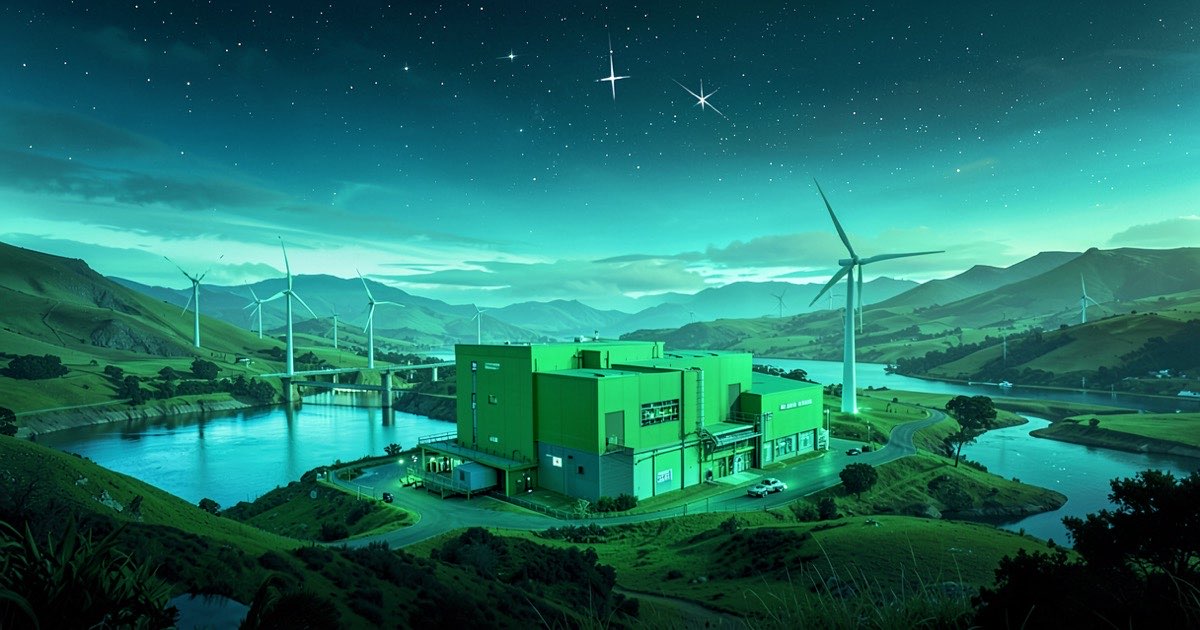 Abstract composition of a green data centre facility nestled in NZ landscape with hydro and wind power, southern sky, no text no logos no letters no signs