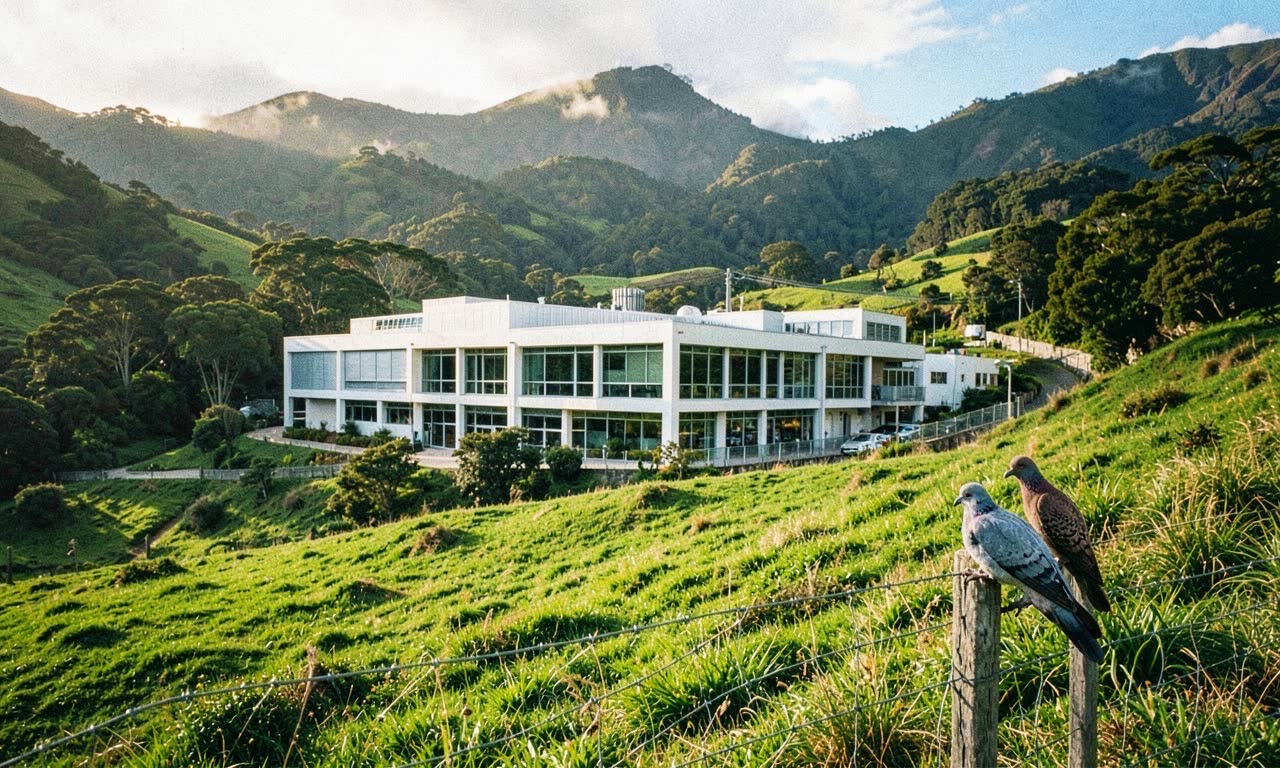 New Zealand landscape with data centre infrastructure and native kererū bird, representing sovereign AI infrastructure built on home soil