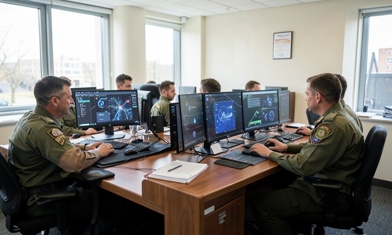 A military office with a laptop open showing an AI chat interface, institutional fluorescent lighting, documentary style, muted colours