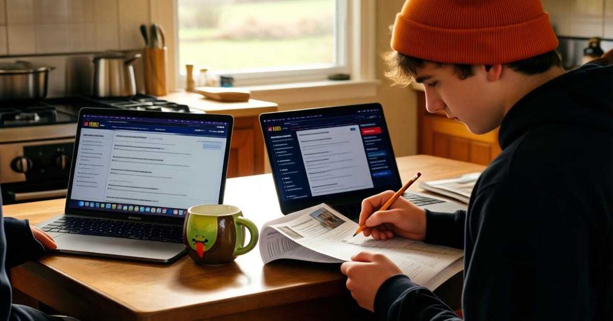 Two young job seekers sit at a kitchen table in a sunlit New Zealand home with their laptops open and a printed job listing between them, one wearing an orange beanie beside a kiwi-shaped mug, warm morning light, documentary editorial photography