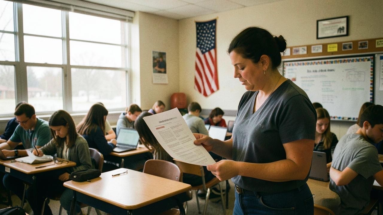 A school classroom with teacher reviewing an AI policy document, students working on laptops in the background