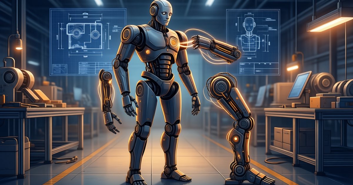 A modular humanoid robot on a factory floor with highlighted interchangeable limb modules glowing softly