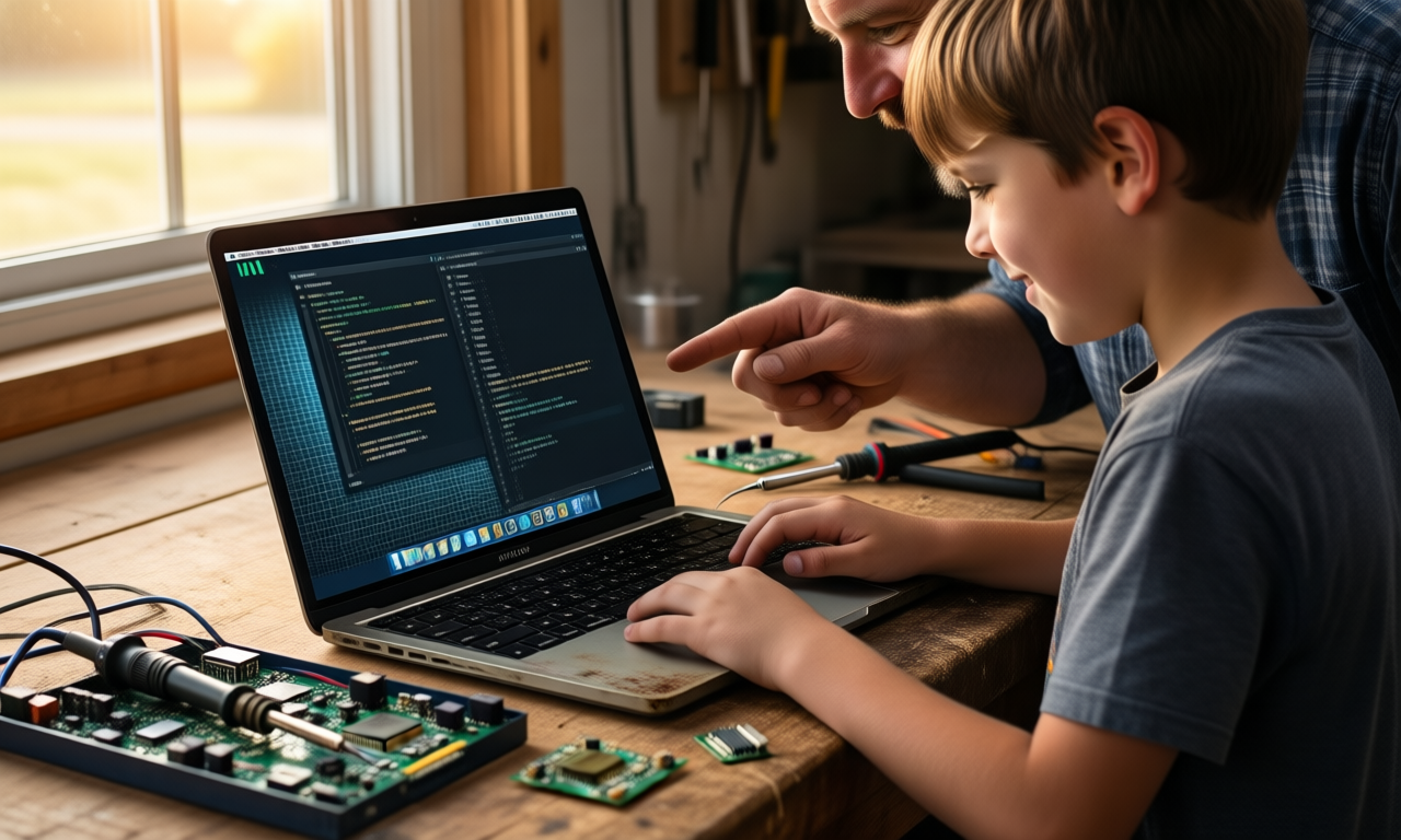 A well-worn 2015 MacBook Pro running a sleek tiling Linux desktop on a wooden workbench beside electronics and a soldering iron
