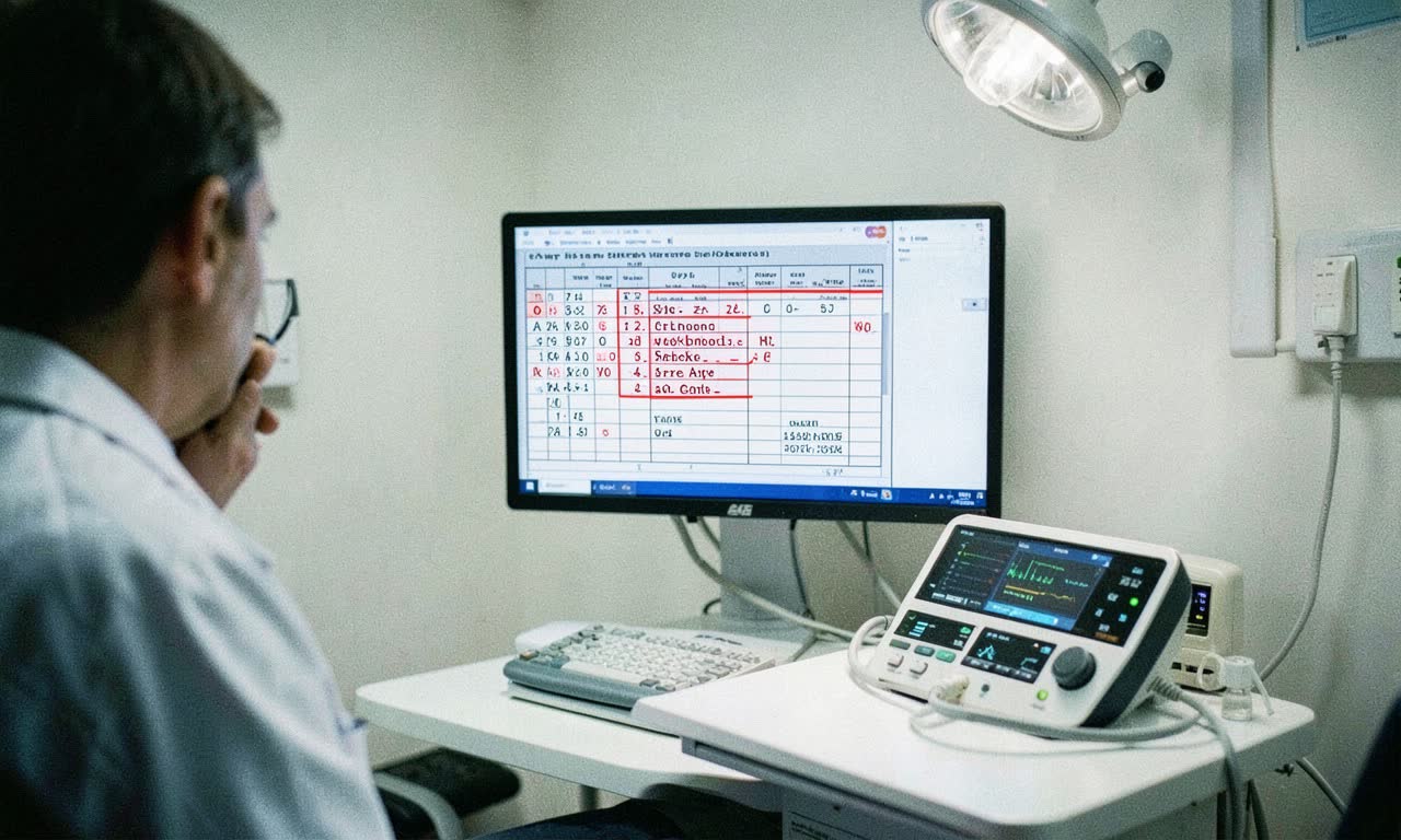 Doctor's examination room with medical chart on screen showing errors highlighted in red, AI device on desk