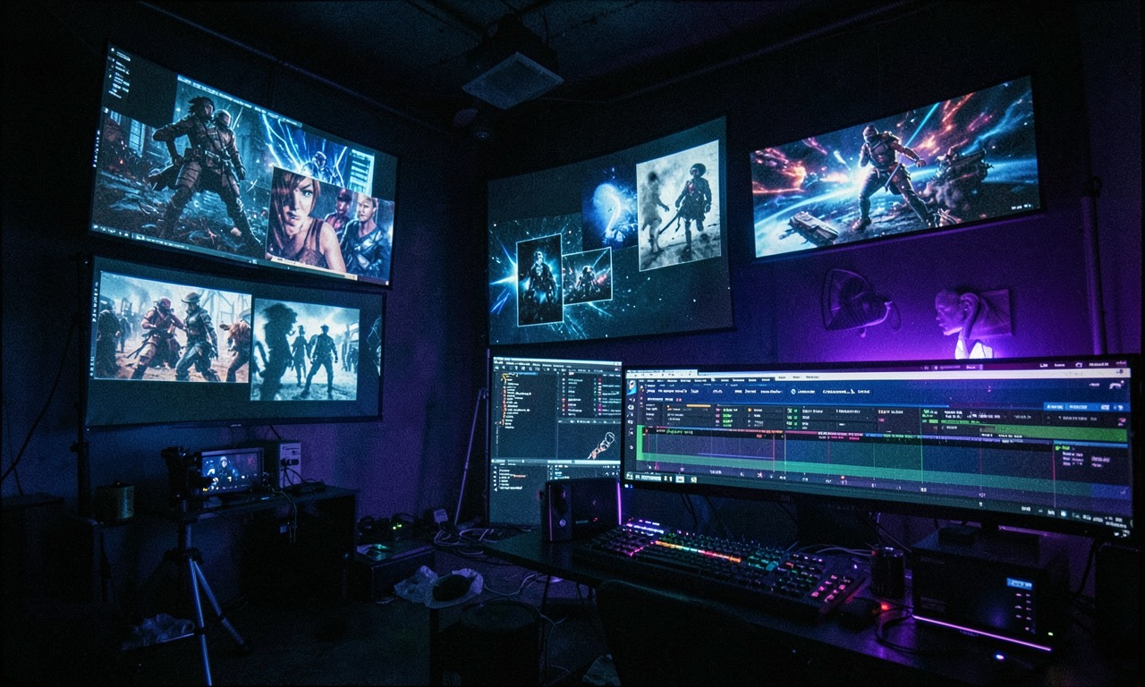 A dark cinematic studio with multiple AI-generated images on screens, video timeline editor, neon lighting