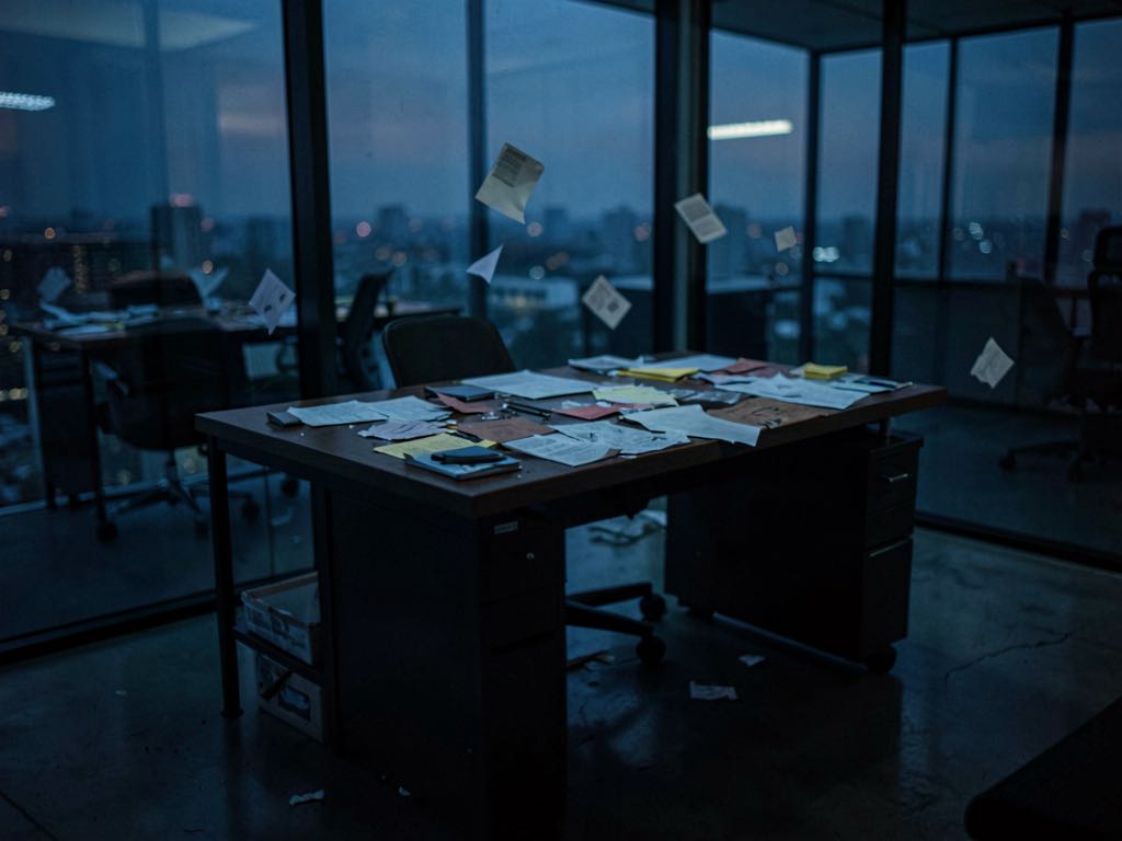 A single-page audited ledger sheet glowing under a desk lamp, half in shadow, photojournalistic