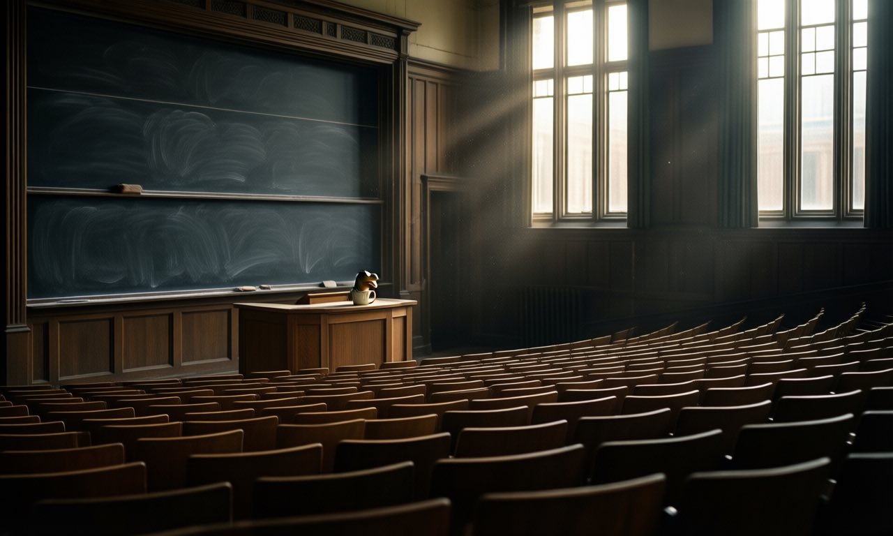 A vast empty university lecture hall with rows of wooden seats and dark chalkboards under soft afternoon light, a single mug on the lectern