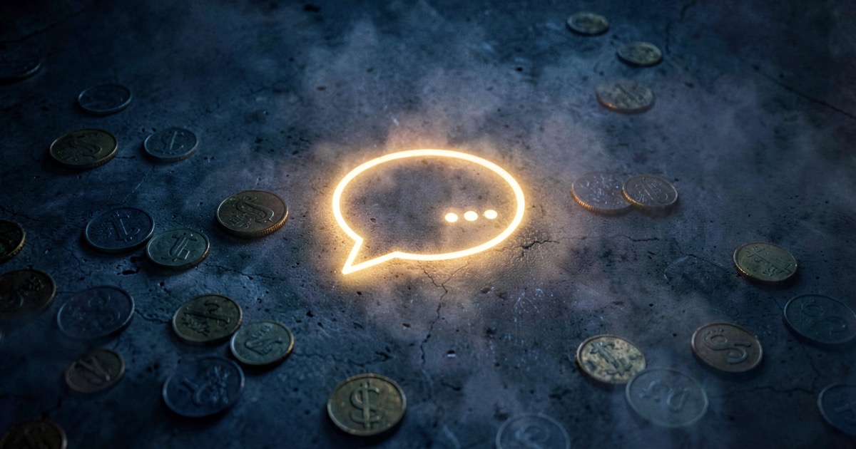 Abstract composition of dollar coins and a fading chat bubble icon on dark concrete in foggy lighting