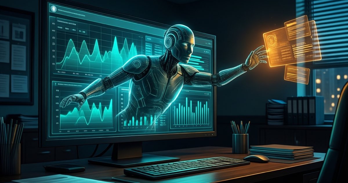A glowing humanoid AI figure reaching out of a computer monitor displaying abstract teal health data charts in a dark government office at night