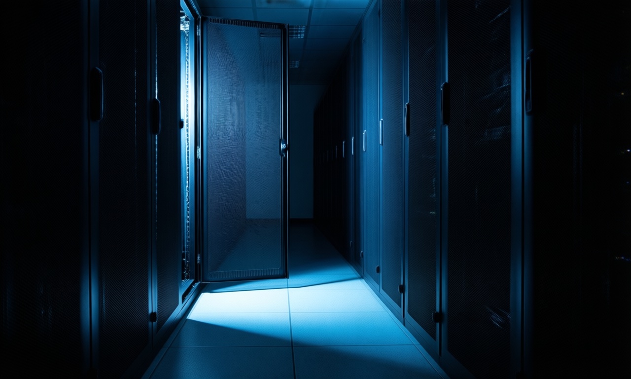 A dimly lit server room corridor with one door standing open and a thin trail of blue light escaping down the hallway toward the viewer, cold tones, cinematic documentary photography