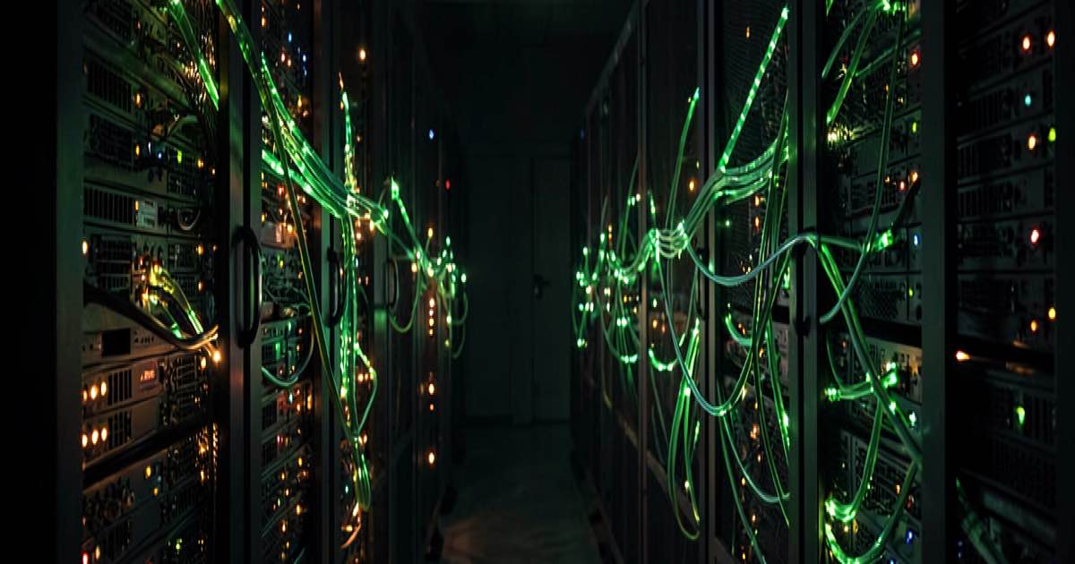 A dim server room with rows of glowing server racks, green network cables lit up, suggesting hidden network activity in a data centre