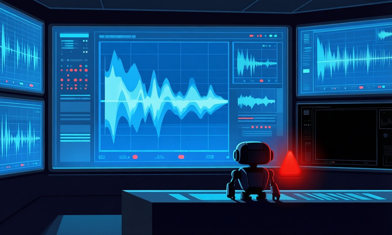 Editorial illustration of a monitoring control room with dark screens and a small robotic agent silhouette
