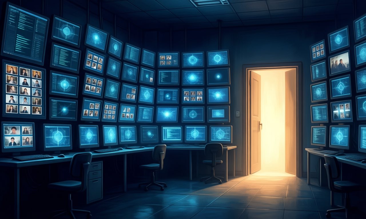 A dim research lab at night with dozens of glowing screens arranged like a honeycomb, small photo thumbnails spilling light through an open doorway, moody blue and amber palette, editorial illustration