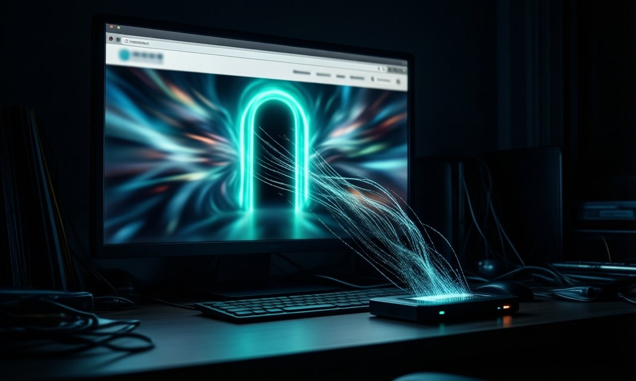 A dark desk lit by a monitor showing an abstract glowing teal web portal, thin streams of digital particles flowing out of the screen