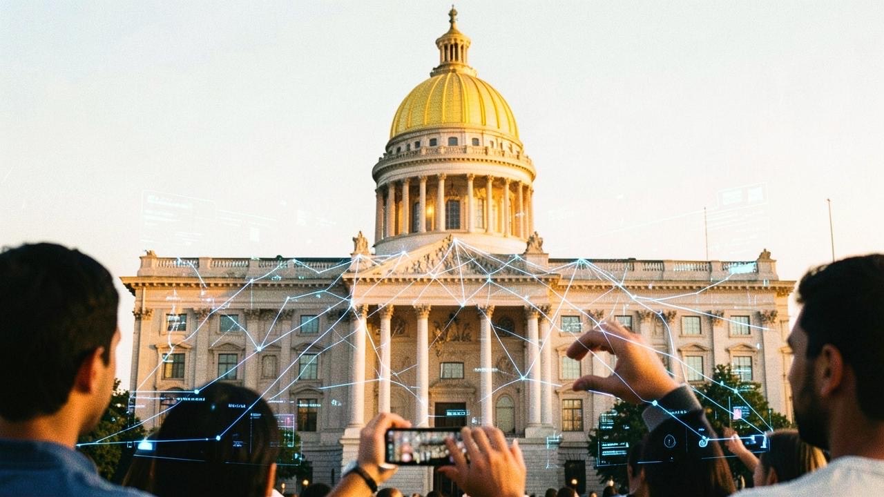 Government building with digital AI network connecting to citizens, representing public wealth fund distribution