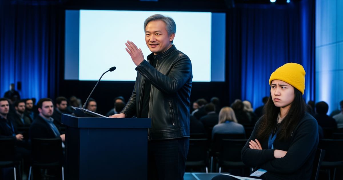 An older executive in a black leather jacket speaking from a dark conference stage while a sceptical engineer in a yellow beanie watches from the front row