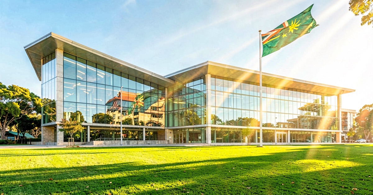 Bright vibrant sunlit modern parliament building with green lawns and warm morning light, abstract composition with light beams passing through glass walls