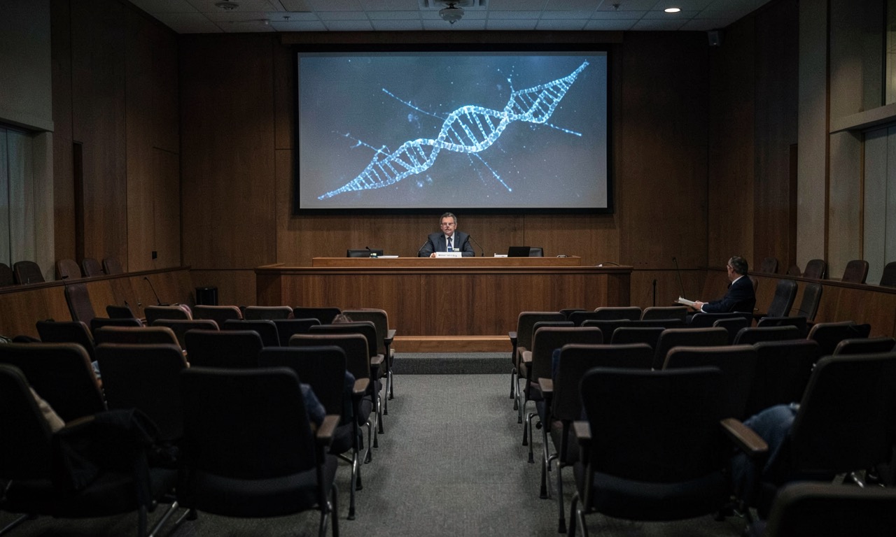 A laboratory setting with DNA helix model and computer screens showing AI research data, dramatic lighting, photojournalistic style, scientific seriousness