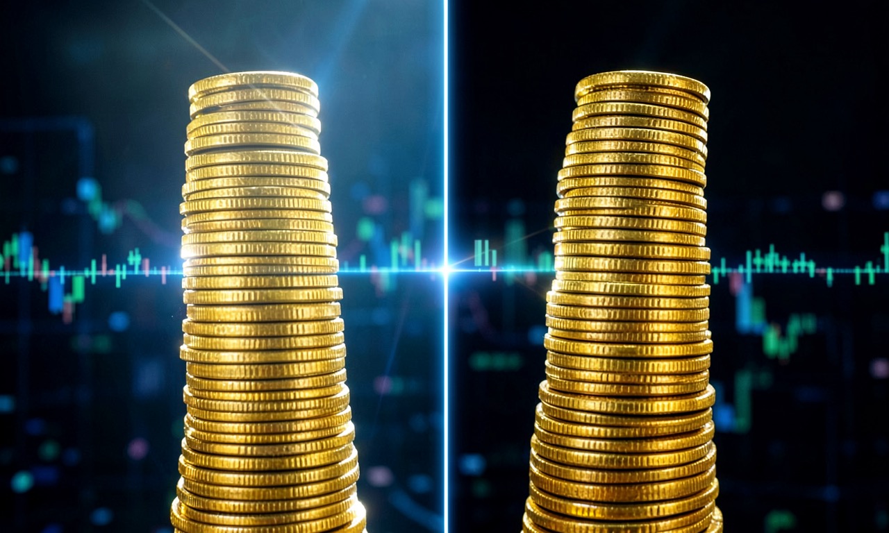 A split composition showing two stack-of-coins towers of different heights under bright financial-news lighting, NYSE-style backdrop, dramatic contrast