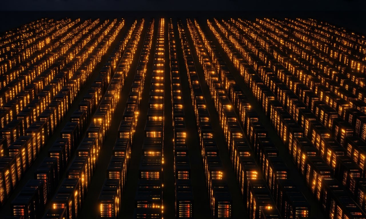 A vast dark server hall seen from above, with thousands of small amber warning lights flickering across rows of black server racks like a scattered alarm field