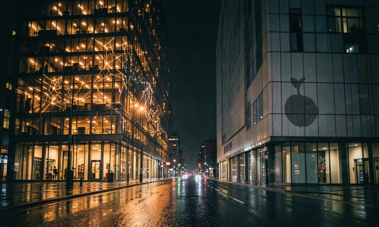 Two corporate buildings facing each other across a dark street, one with glowing AI neural network patterns, the other with a minimalist fruit logo silhouette, dramatic lighting, cinematic