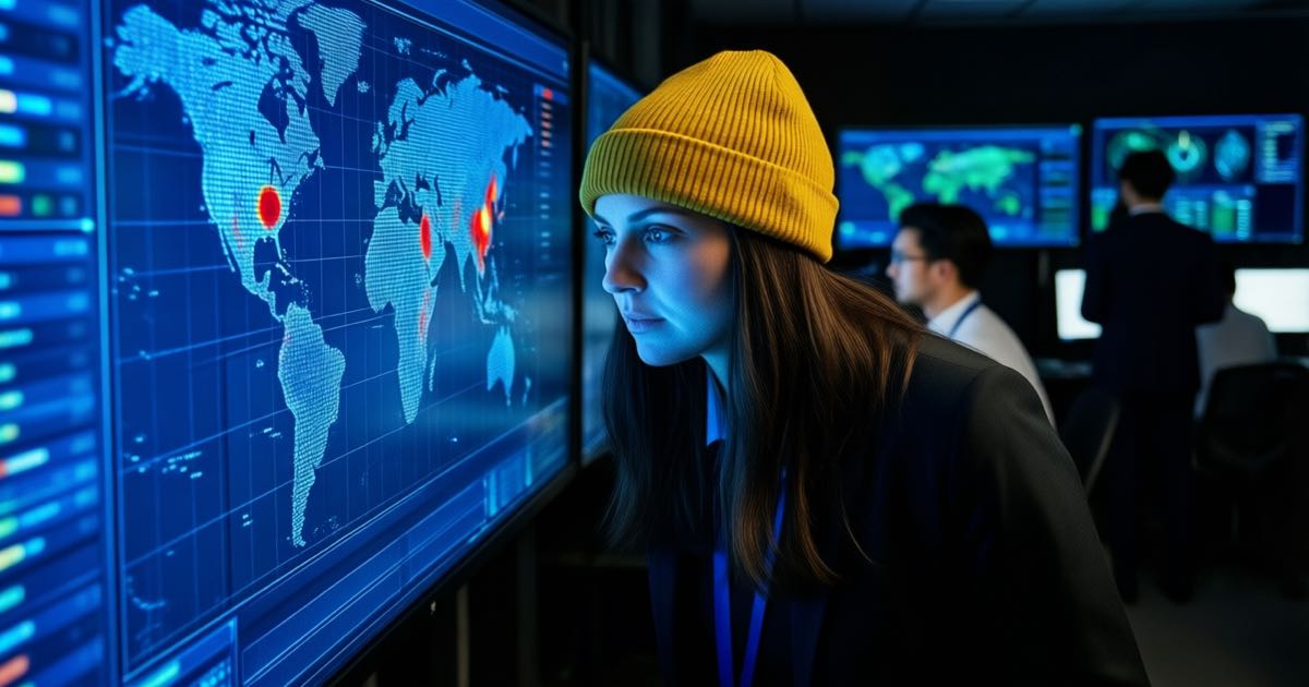 A security analyst in a yellow beanie watching a wall of blue network monitoring screens in a dark operations centre, documentary photography