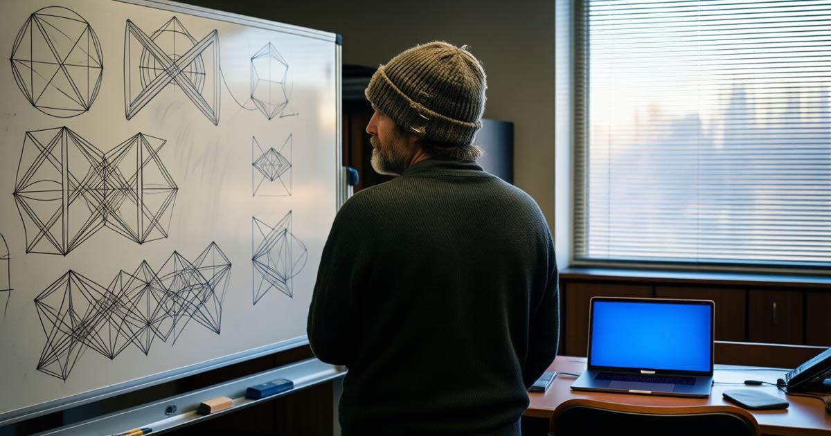 A mathematician in a knitted beanie at a whiteboard covered in lattice diagrams, laptop glowing beside them, late afternoon light, documentary style
