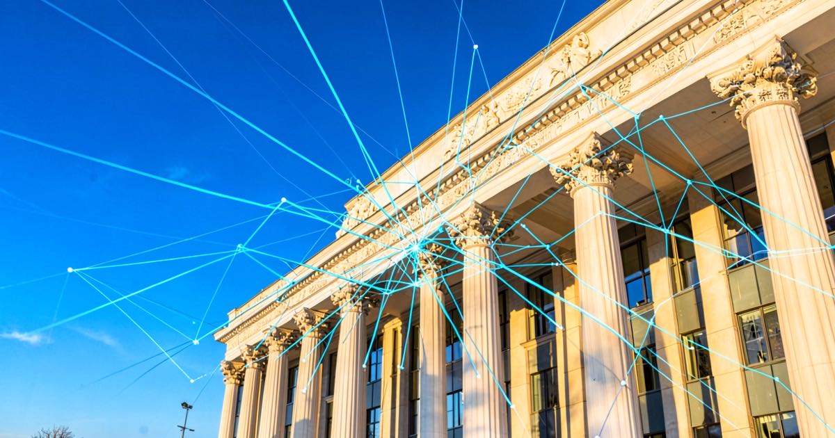 A bright modern government building facade with warm golden afternoon light, columns reflecting sunlight, abstract network of glowing connection lines radiating outward