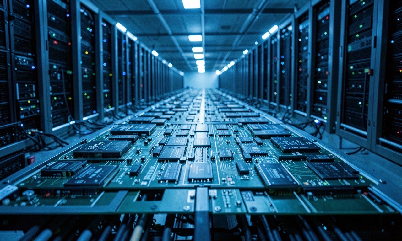 A massive data center with rows of specialized AI chip servers glowing under cold blue lighting, documentary style