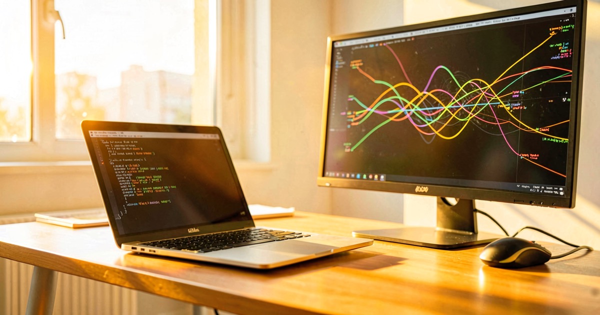 A bright sunlit modern office desk with a laptop showing terminal code, warm golden afternoon light, abstract data flow visualisation on a secondary monitor