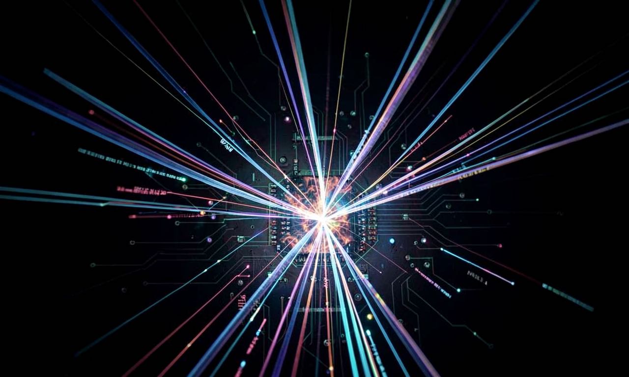 A dark abstract composition showing glowing data streams converging on a circuit board, suggesting excessive data flow.