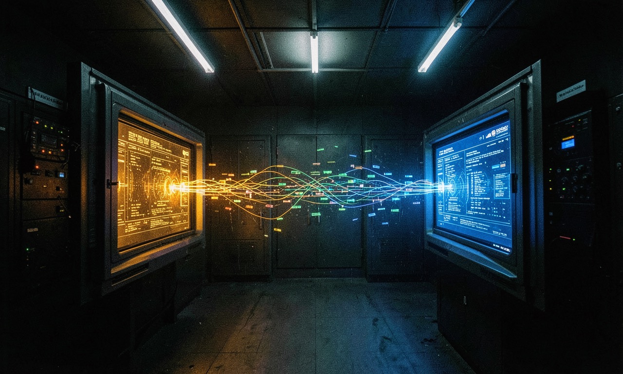 Two locked digital vaults facing each other across a dark network operations center, dramatic blue and amber lighting, photojournalistic style