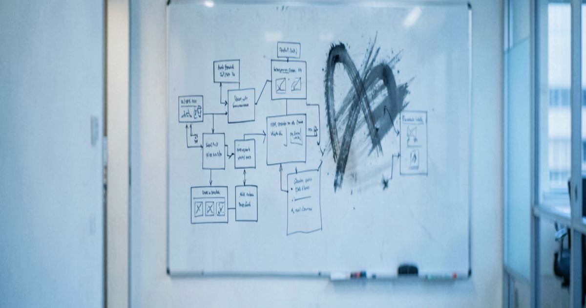 An empty corporate meeting room with a whiteboard showing organisational charts, one section erased, under cold fluorescent lighting.