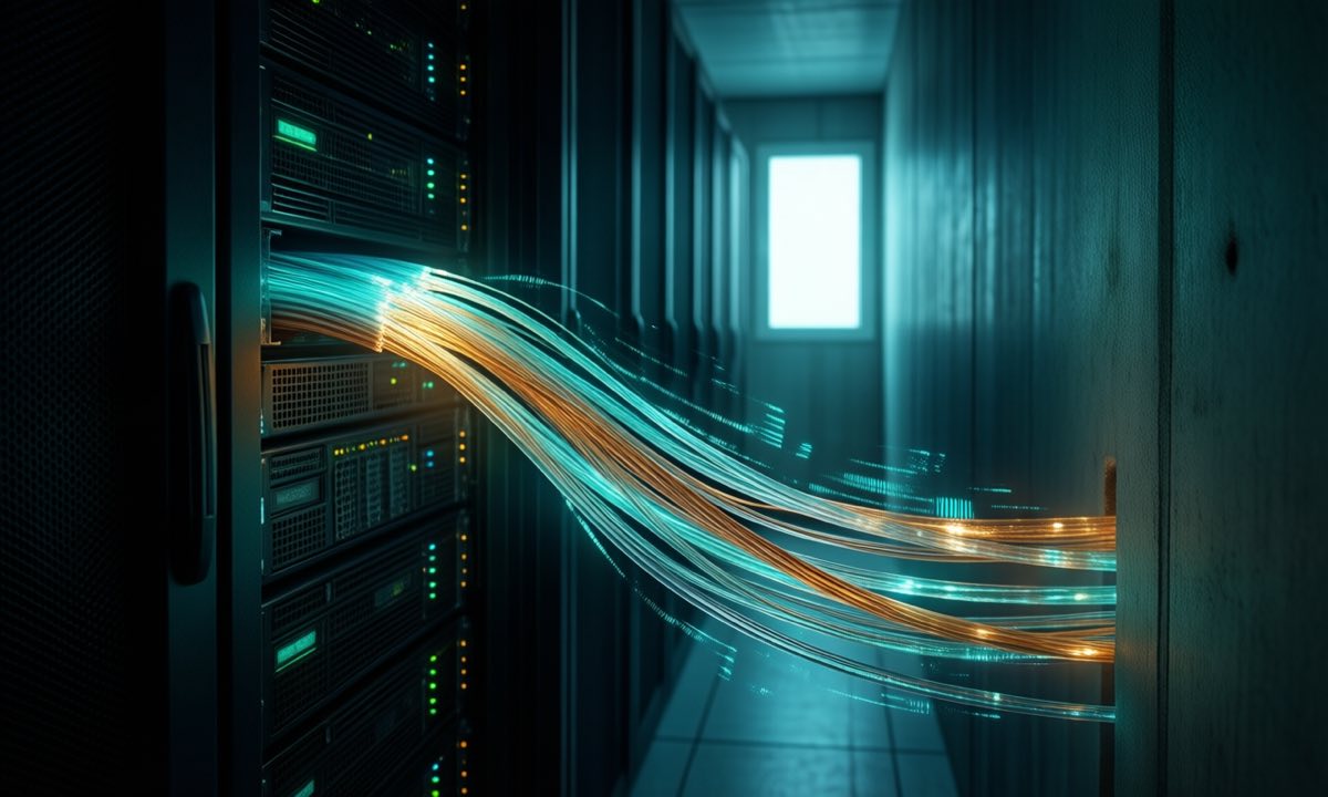 A glowing data cable snaking out of a dark isolated server rack through a narrow gap in a concrete containment wall, faint teal DNS query patterns trailing along its length into a distant lit window