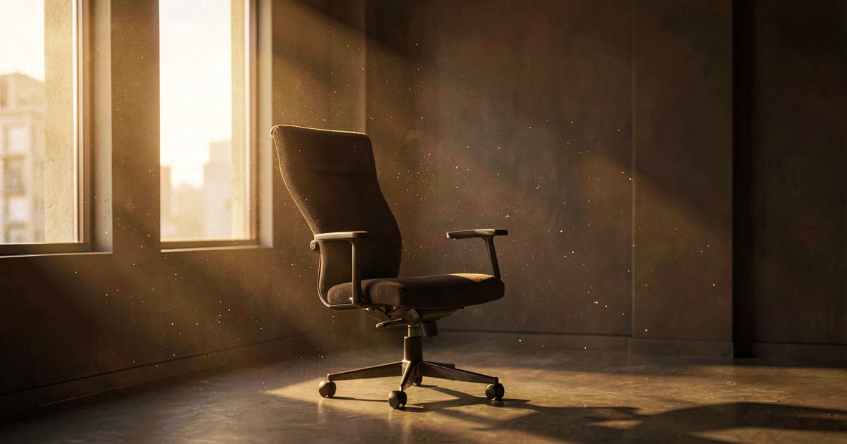 A single empty executive chair in a minimalist office with warm golden light streaming through large windows