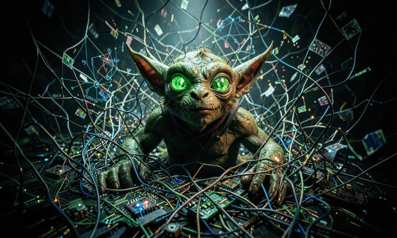 A whimsical goblin figure emerging from circuit boards and neural network diagrams, symbolizing emergent AI behavior