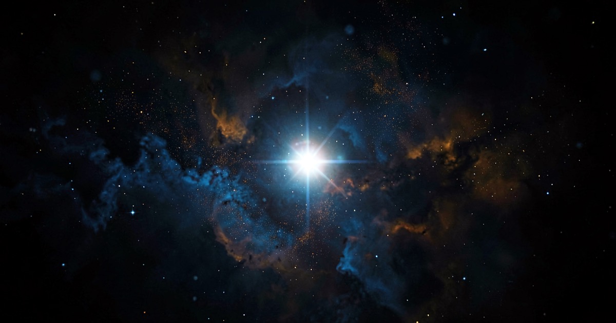 A single bright star igniting in a vast dark cosmic nebula with swirling cosmic dust in deep blue and amber light.