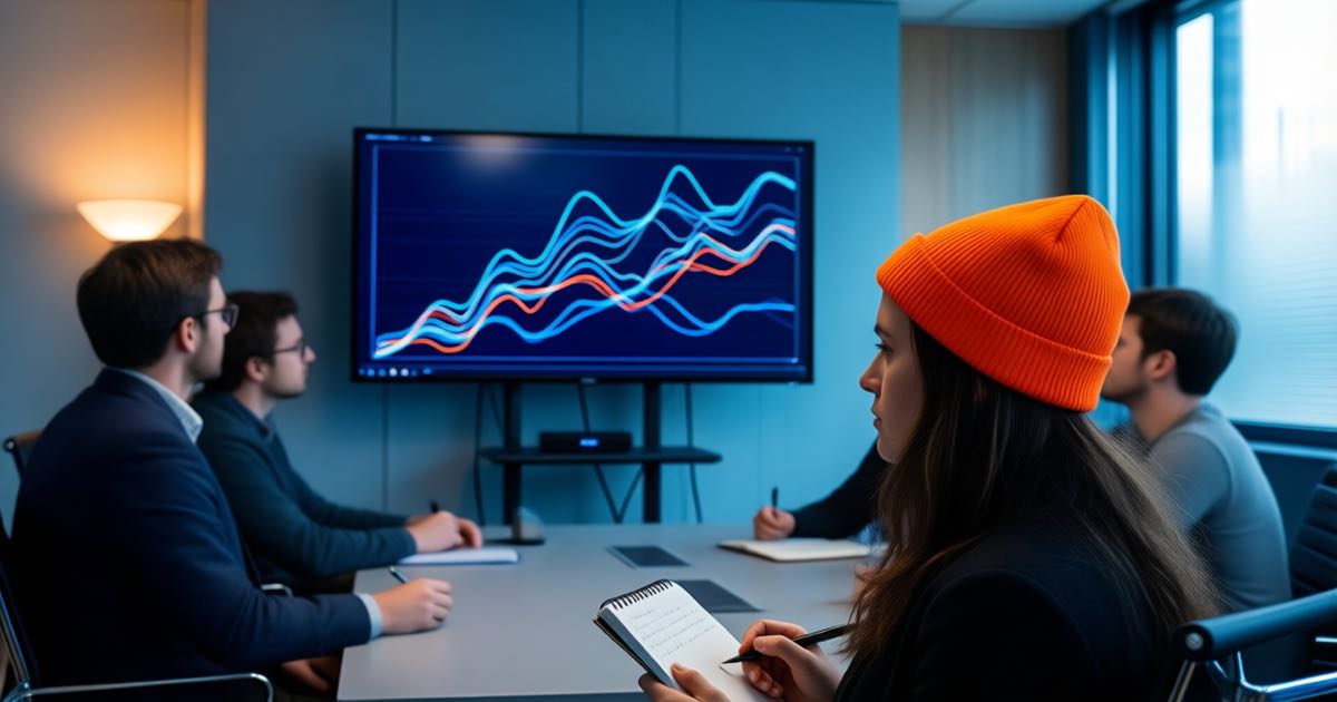 Engineers watching benchmark curves on a large monitor in a modern campus briefing room, one woman in an orange beanie taking notes, documentary photography