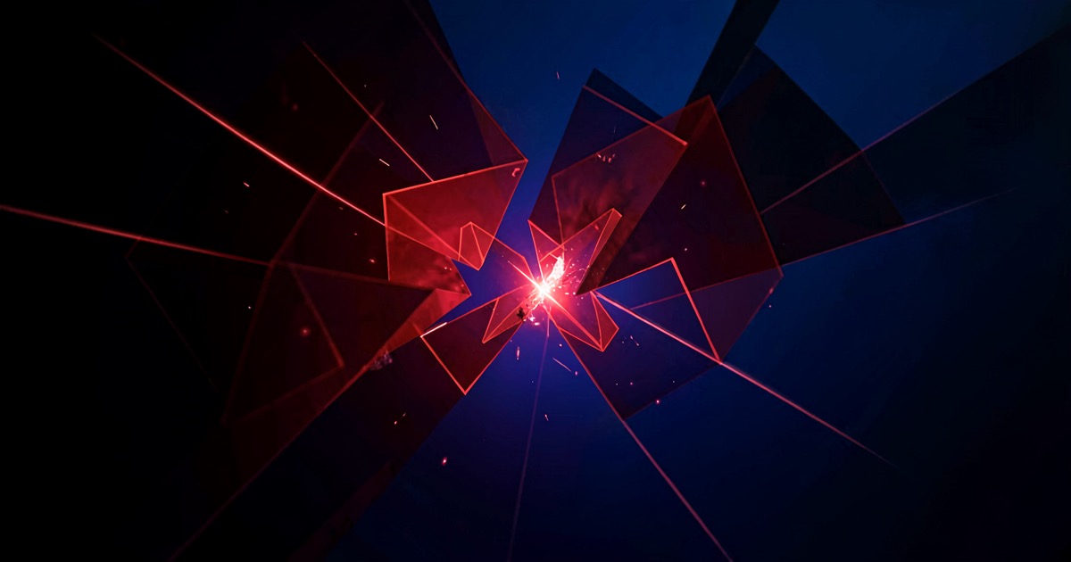 Abstract dark composition with glowing red geometric shapes colliding against a deep blue gradient surface, suggesting adversarial AI systems in conflict